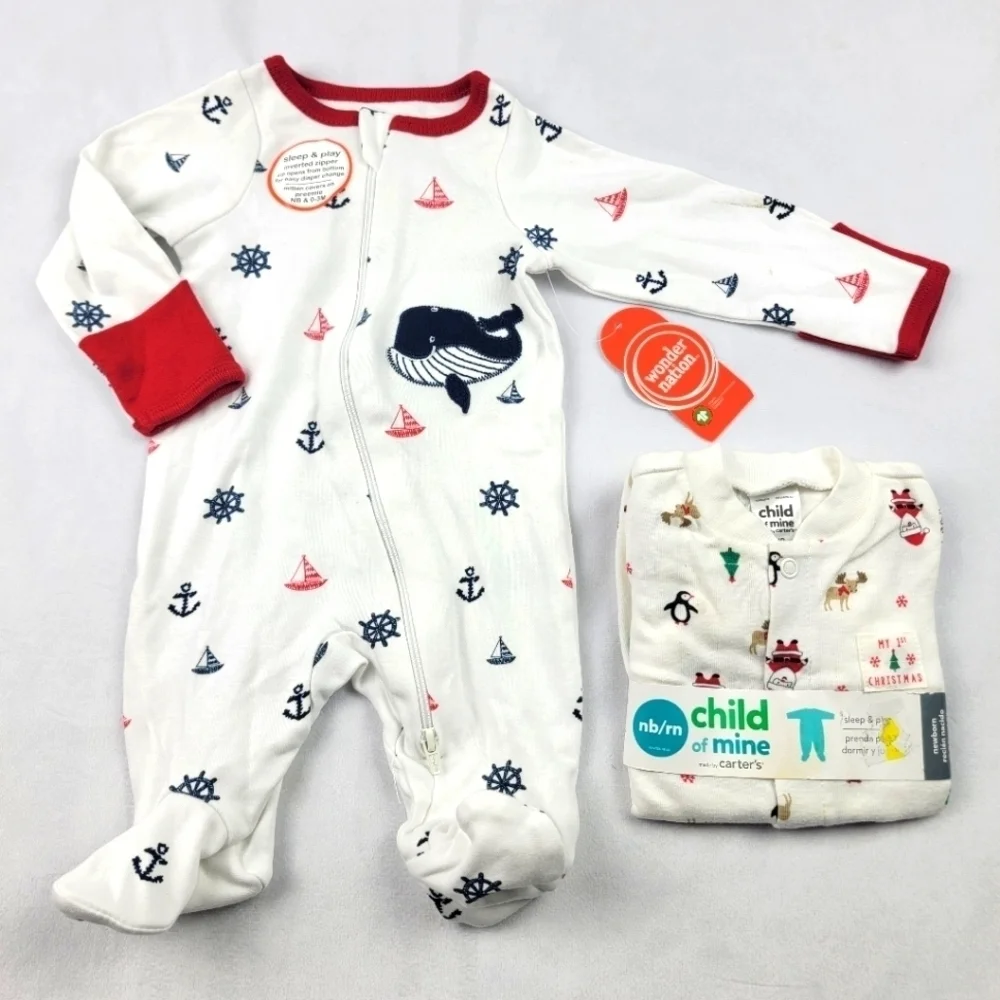 NWT set of 2 newborn sleep and play footed bodysuits‎ holiday nautical